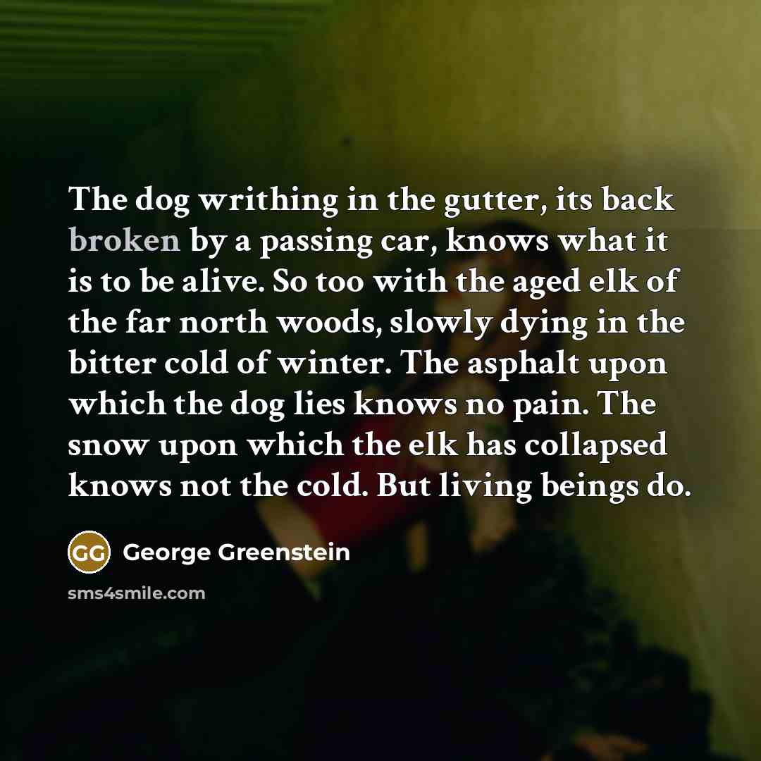 “The dog writhing in the gutter, its back broken by…” quote by George Greenstein
