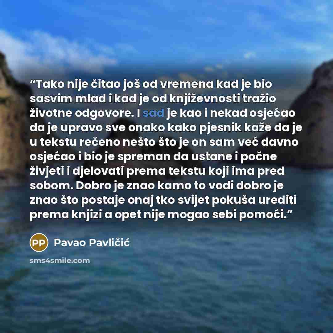 “Tako nije čitao još od vremena kad je bio sasvim mlad i kad je od književnosti tražio životne odgovore. I sad je kao i nekad osjećao da je upravo sve onako kako pjesnik kaže da je u tekstu rečeno nešto što je on sam već davno osjećao i bio je spreman da ustane i počne živjeti i djelovati prema…” quote by Pavao Pavličić