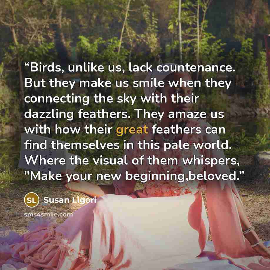 “Birds, unlike us, lack countenance. But they make us smile when they connecting the sky with their dazzling feathers. They amaze us with how their great feathers can find themselves in this pale world. Where the visual of them whispers, "Make your new beginning,beloved.” quote by Susan Ligori