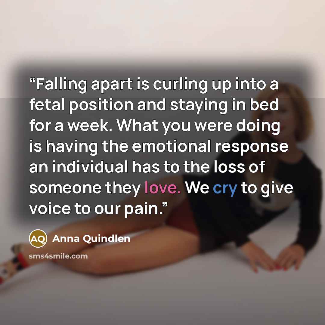 “Falling apart is curling up into a fetal position and staying in bed for a week. What you were doing is having the emotional response an individual has to the loss of someone they love. We cry to give voice to our pain.” quote by Anna Quindlen