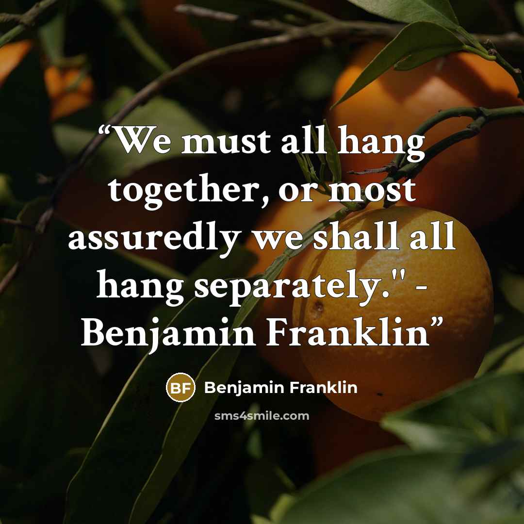 “We must all hang together, or most assuredly we shall all hang separately.'' - Benjamin Franklin﻿” quote by Benjamin Franklin