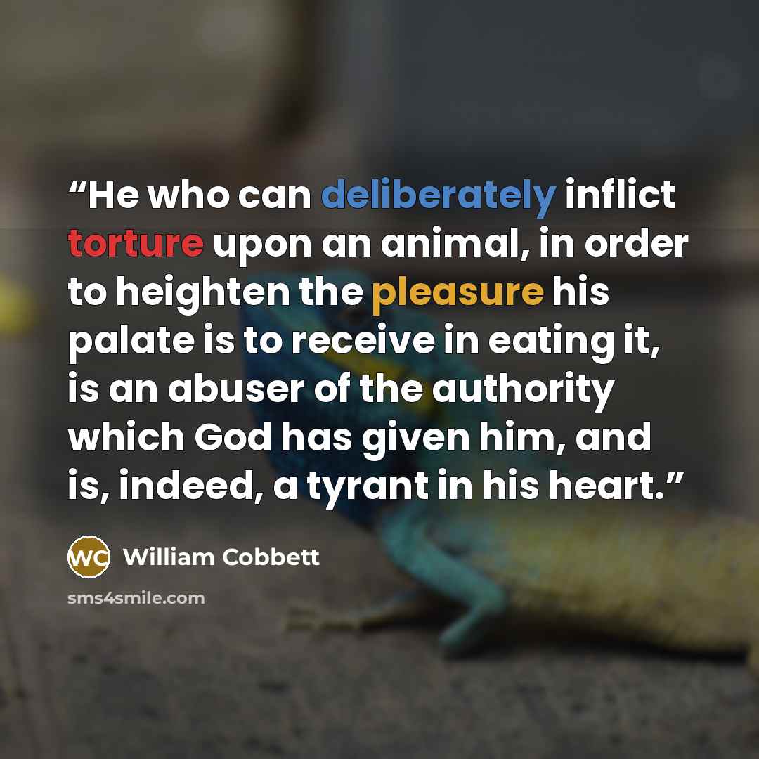 “He who can deliberately inflict torture upon an animal, in order to heighten the pleasure his palate is to receive in eating it, is an abuser of the authority which God has given him, and is, indeed, a tyrant in his heart.” quote by William Cobbett