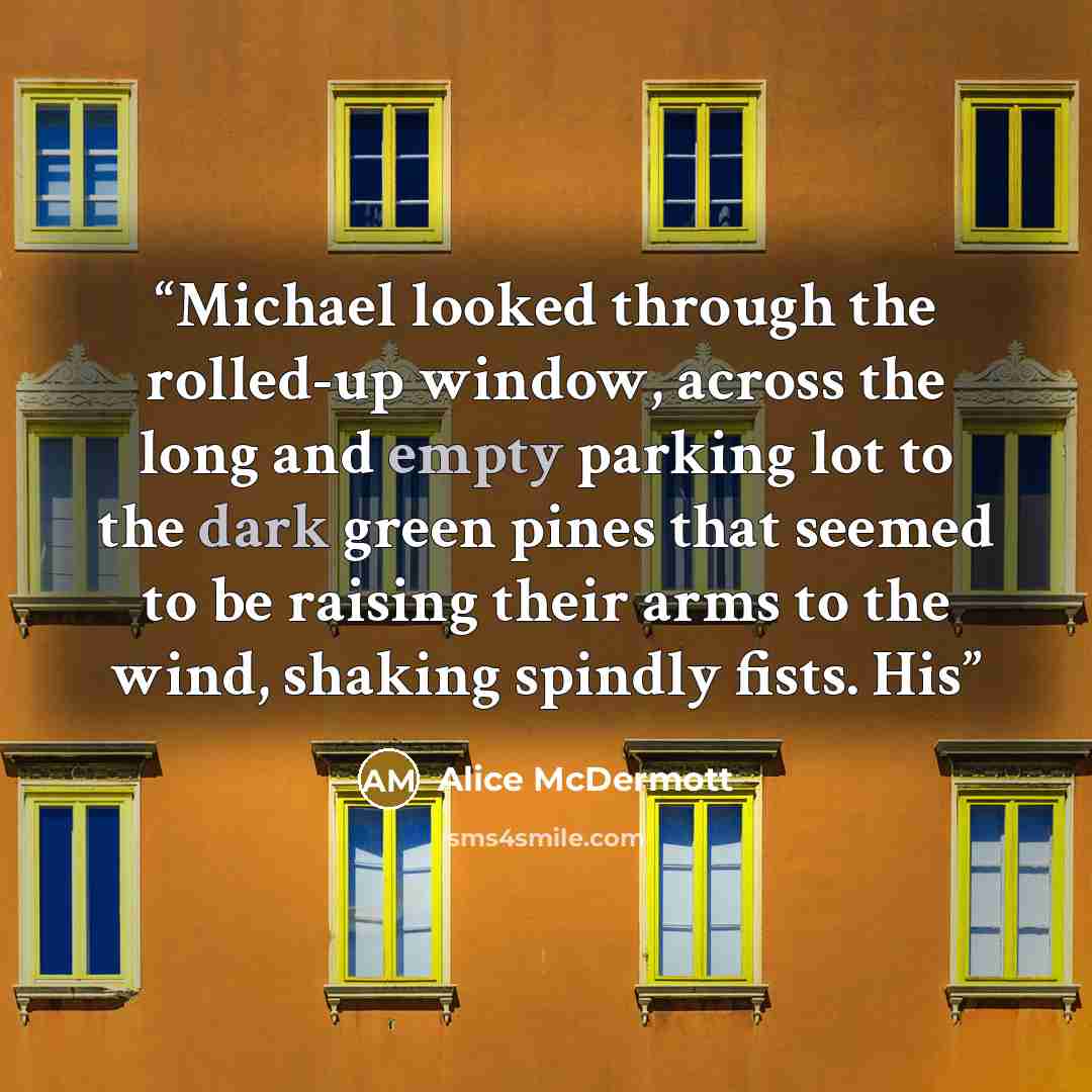 “Michael looked through the rolled-up window, across the long and empty parking lot to the dark green pines that seemed to be raising their arms to the wind, shaking spindly fists. His” quote by Alice McDermott
