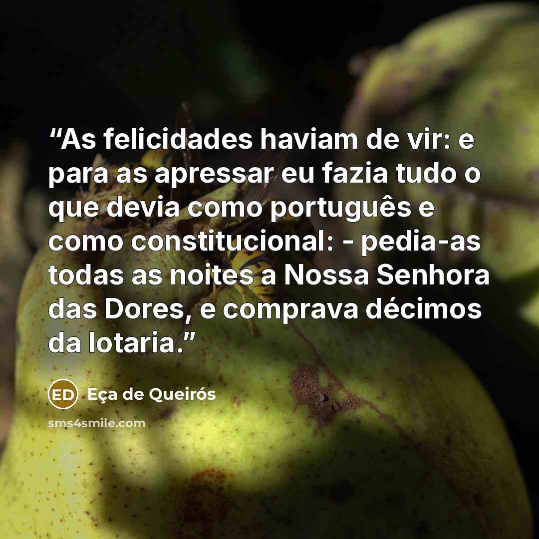 “As felicidades haviam de vir: e para as apressar eu fazia tudo o que devia como português e como constitucional: - pedia-as todas as noites a Nossa Senhora das Dores, e comprava décimos da lotaria.” quote by Eça de Queirós