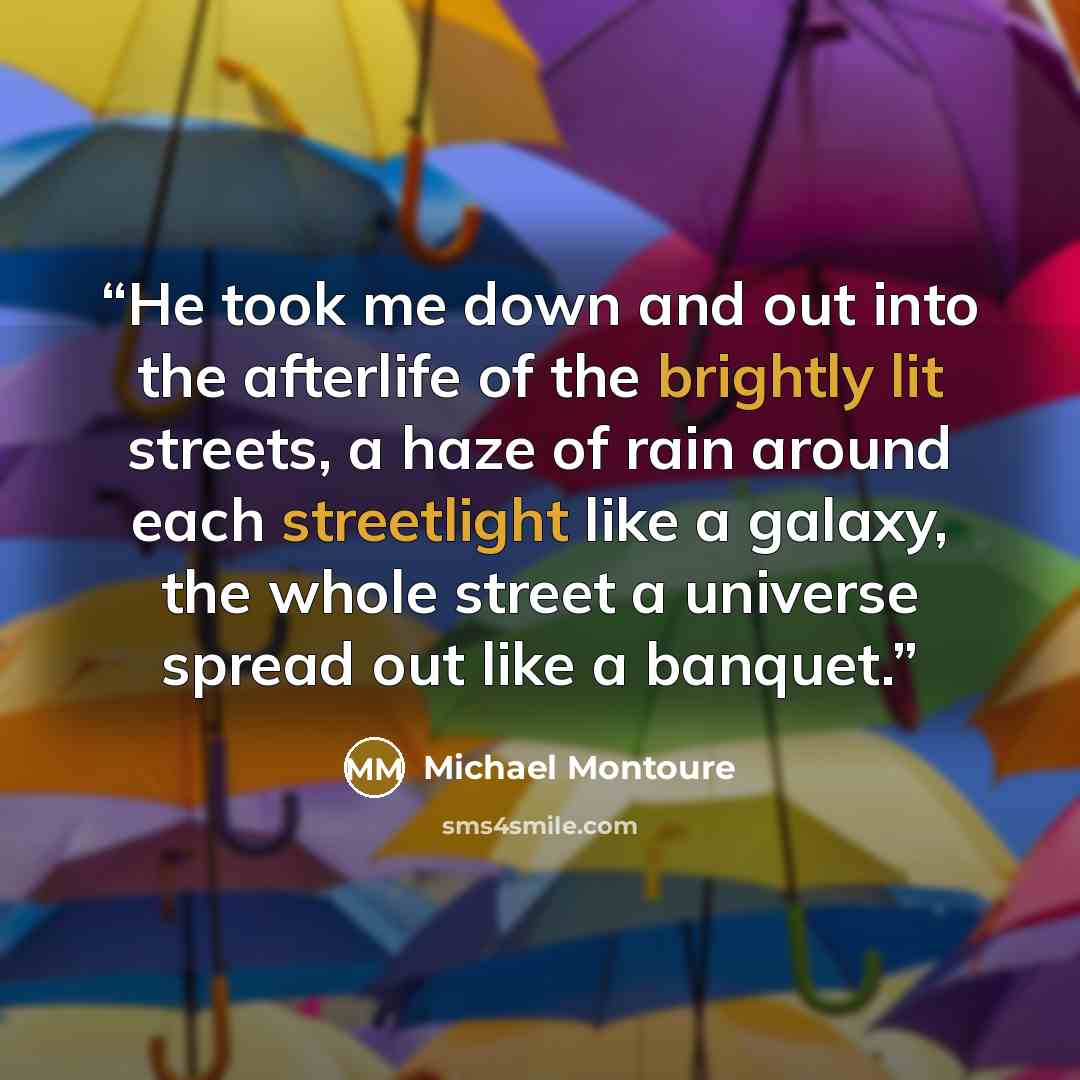 “He took me down and out into the afterlife of the brightly lit streets, a haze of rain around each streetlight like a galaxy, the whole street a universe spread out like a banquet.” quote by Michael Montoure