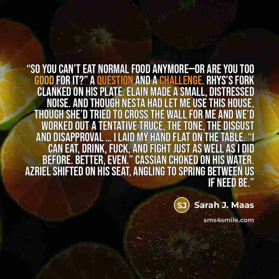 “So you can’t eat normal food anymore—or are you too good for it?” A question and a challenge. Rhys’s fork clanked on his plate. Elain made a small, distressed noise. And though Nesta had let me use this house, though she’d tried to cross the wall for me and we’d worked out a tentative truce, the…” quote by Sarah J. Maas