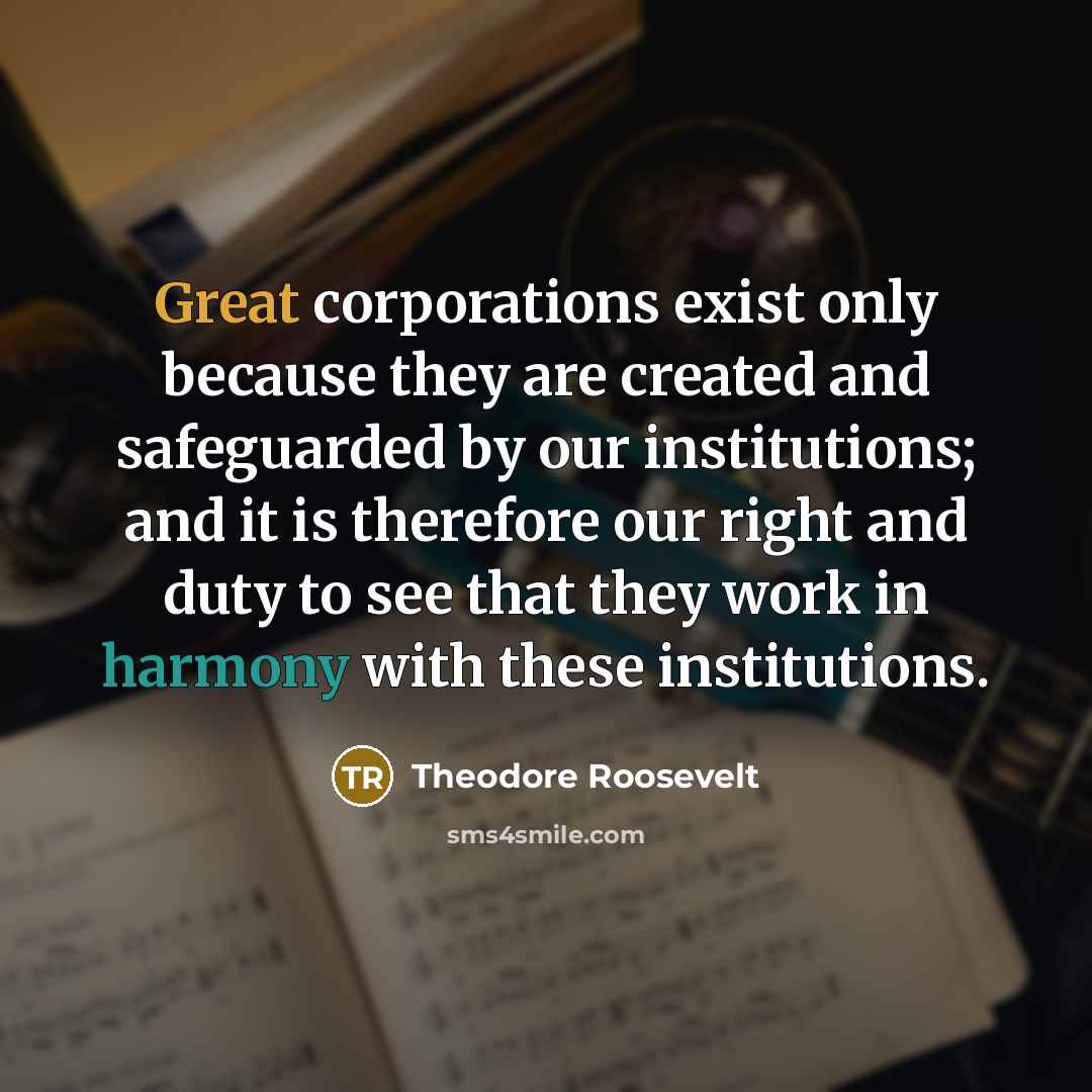 “Great corporations exist only because they are created and safeguarded…” quote by Theodore Roosevelt