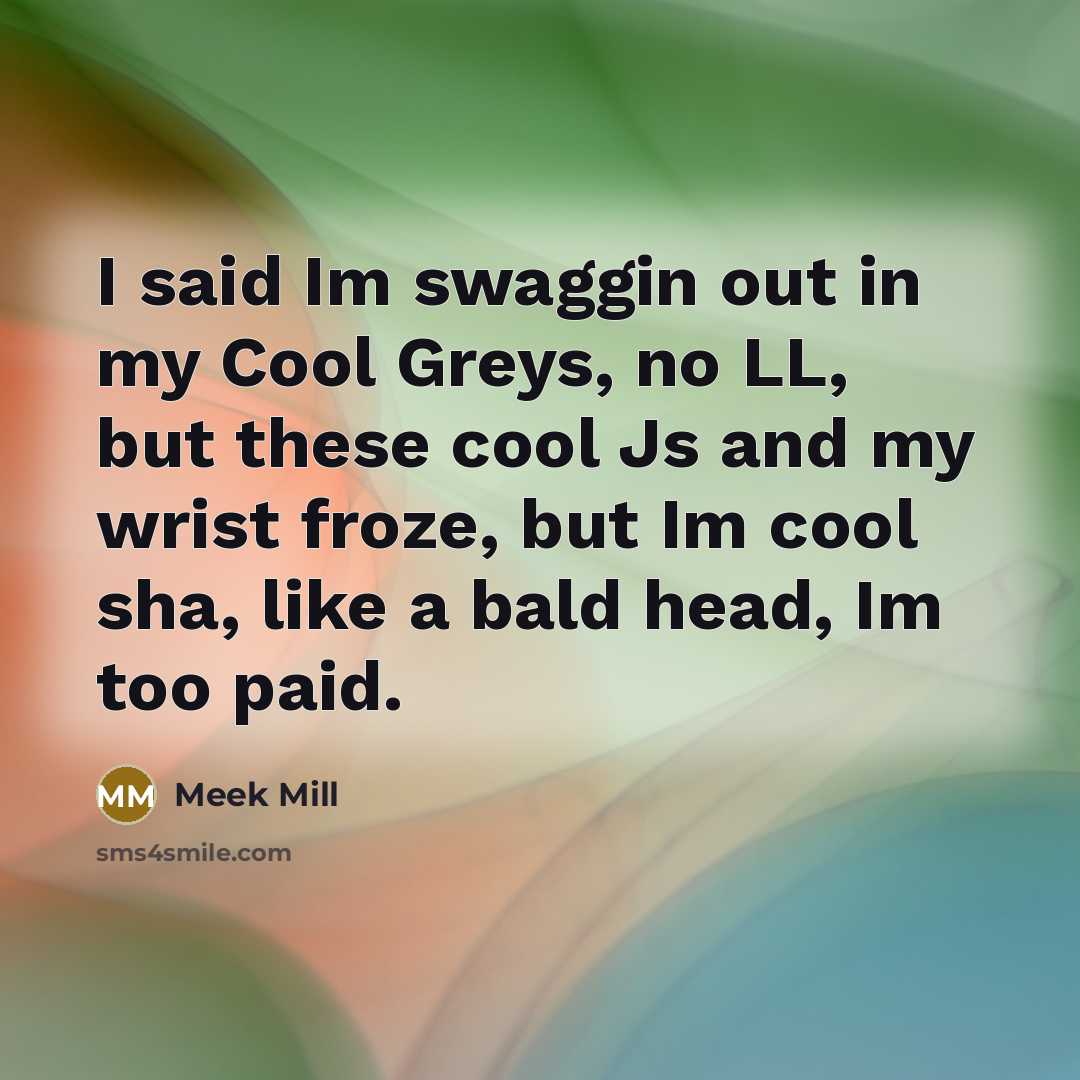 “I said Im swaggin out in my Cool Greys, no LL, but these cool Js and my wrist froze, but Im cool sha, like a bald head, Im too paid.” quote by Meek Mill