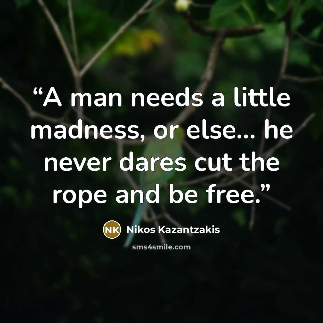 “A man needs a little madness, or else... he never dares cut the rope and be free.” quote by Nikos Kazantzakis