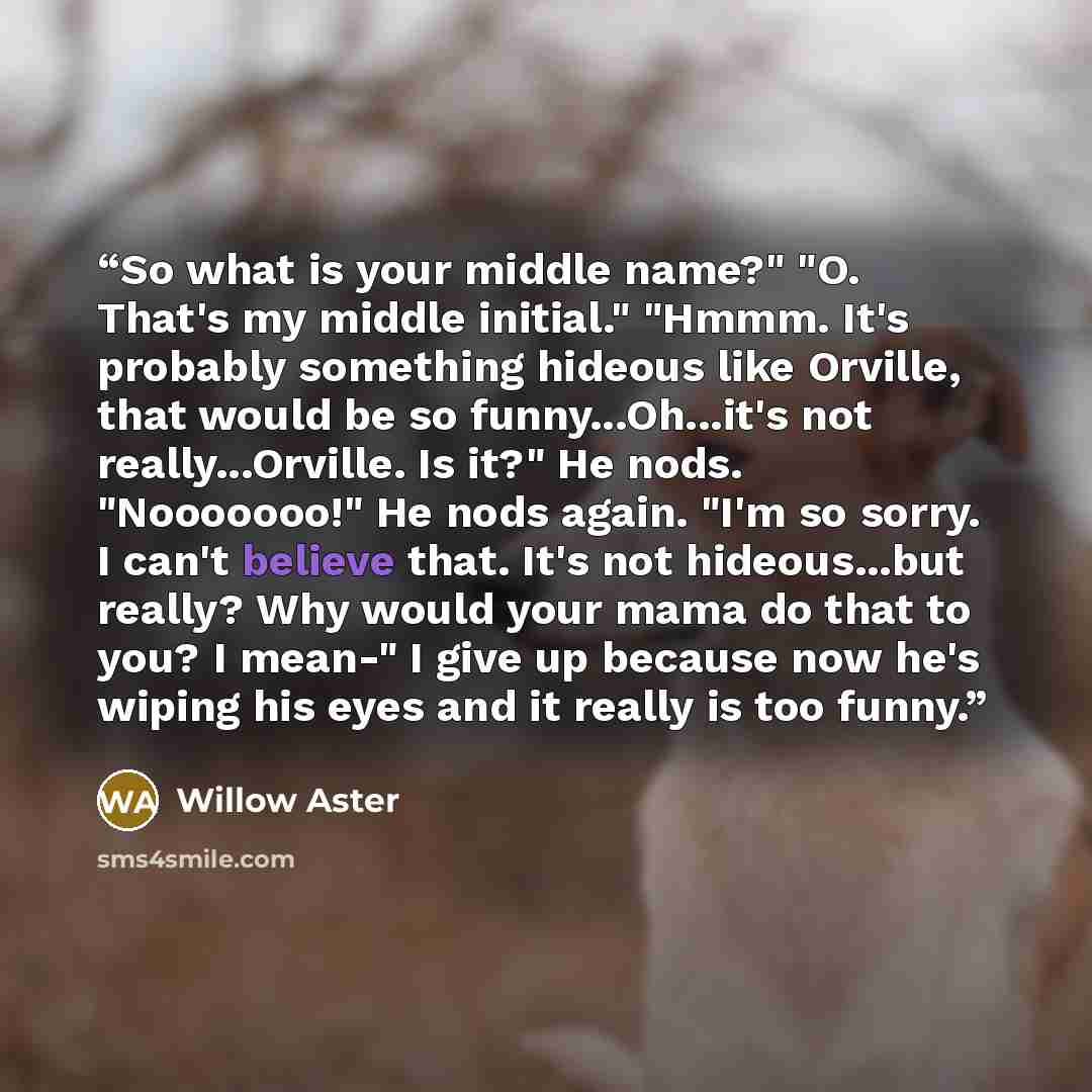 “So what is your middle name?" "O. That's my middle initial." "Hmmm. It's probably something hideous like Orville, that would be so funny...Oh...it's not really...Orville. Is it?" He nods. "Nooooooo!" He nods again. "I'm so sorry. I can't believe that. It's not hideous...but really? Why would your…” quote by Willow Aster