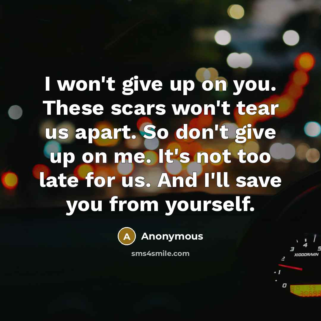 “I won't give up on you. These scars won't tear…” quote by Anonymous
