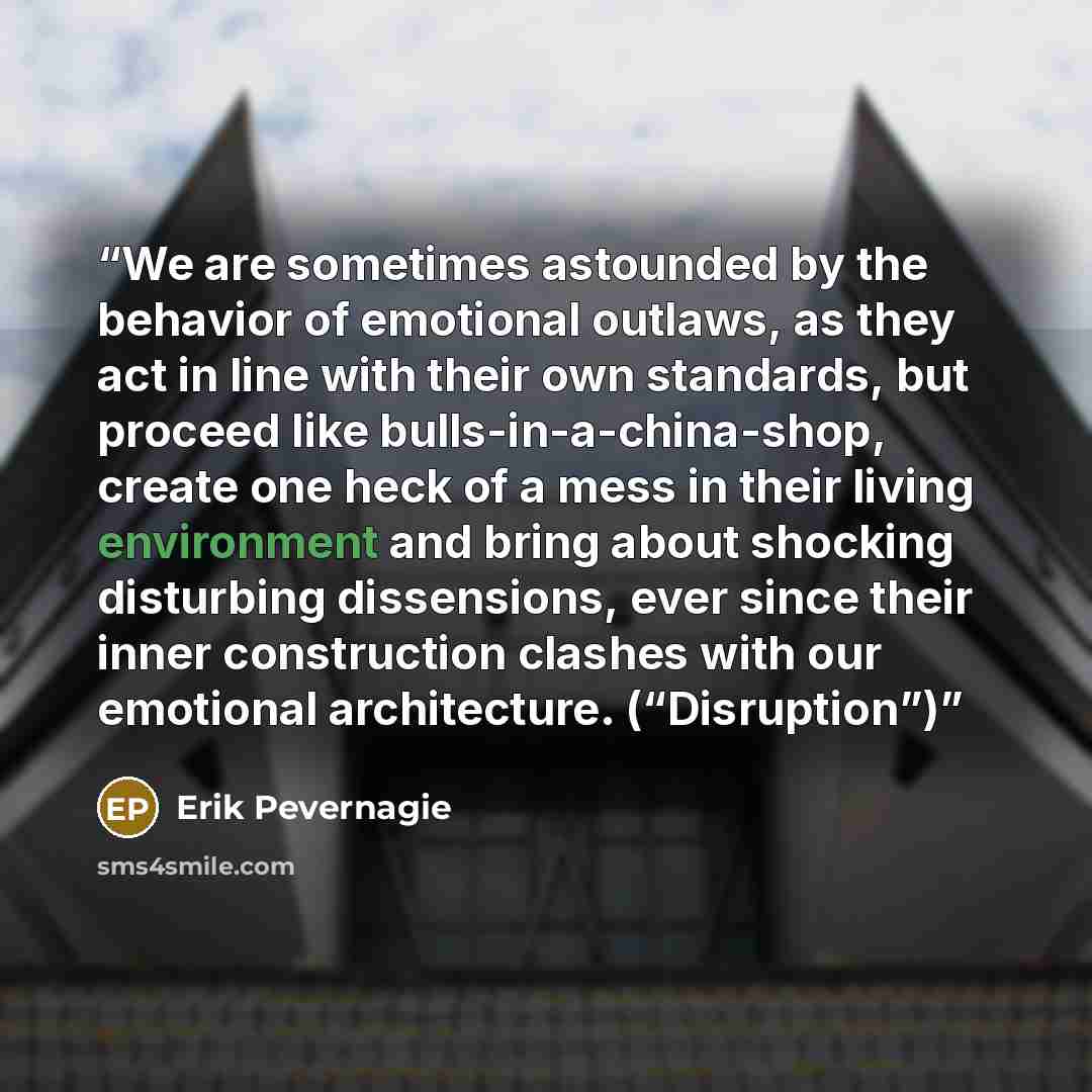 “We are sometimes astounded by the behavior of emotional outlaws, as they act in line with their own standards, but proceed like bulls-in-a-china-shop, create one heck of a mess in their living environment and bring about shocking disturbing dissensions, ever since their inner construction clashes…” quote by Erik Pevernagie