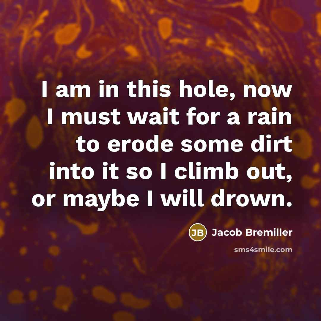 “I am in this hole, now I must wait for a rain to erode some dirt into it so I climb out, or maybe I will drown.” quote by Jacob Bremiller