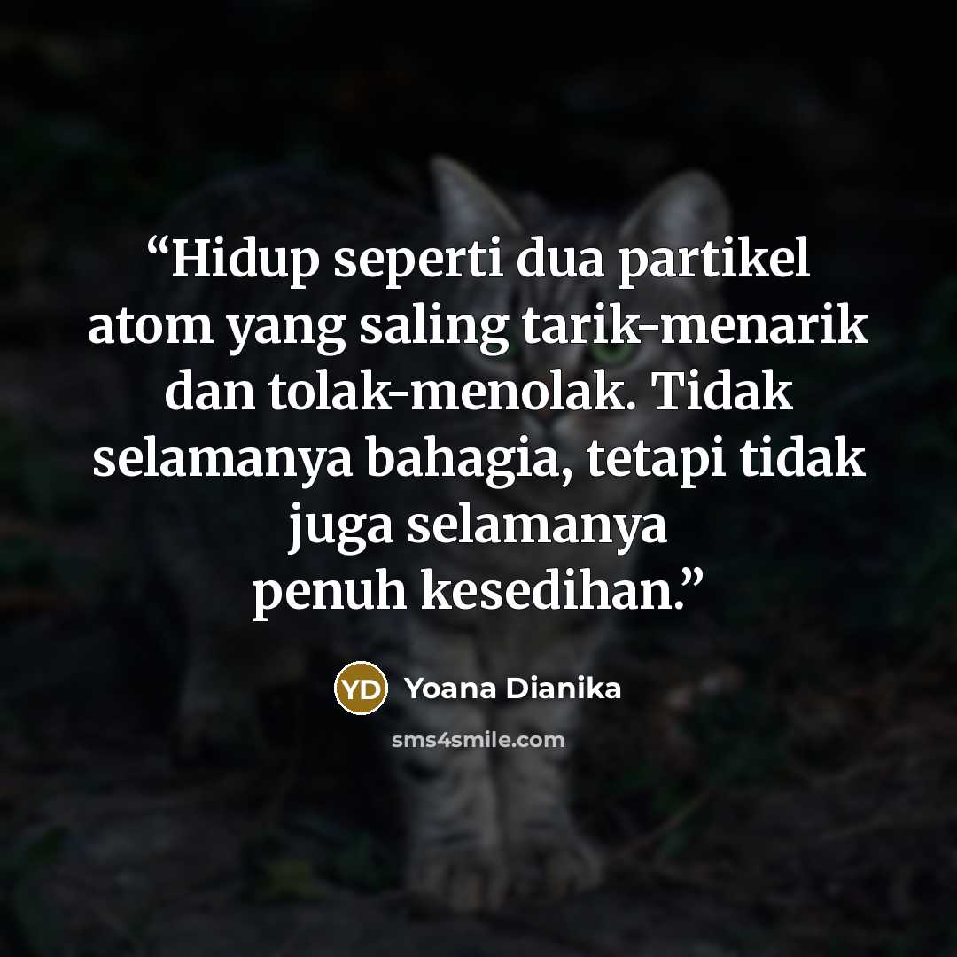 “Hidup seperti dua partikel atom yang saling tarik-menarik dan tolak-menolak. Tidak selamanya bahagia, tetapi tidak juga selamanya penuh kesedihan.” quote by Yoana Dianika