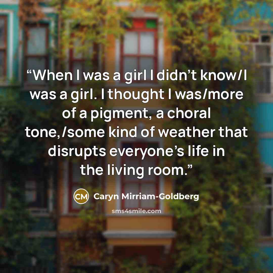“When I was a girl I didn't know/I was a girl. I thought I was/more of a pigment, a choral tone,/some kind of weather that disrupts everyone's life in the living room.” quote by Caryn Mirriam-Goldberg