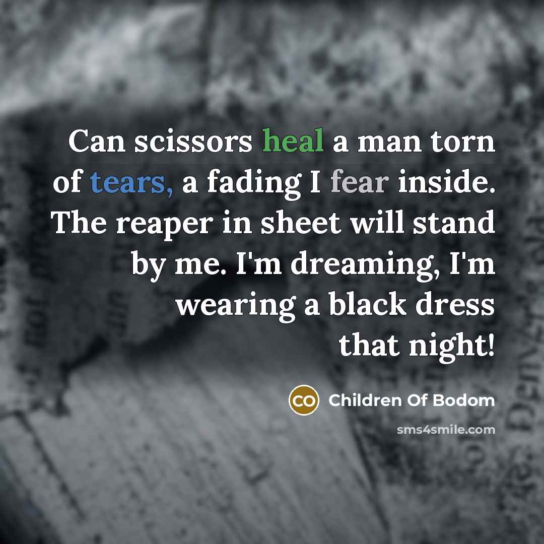 “Can scissors heal a man torn of tears, a fading I fear inside. The reaper in sheet will stand by me. I'm dreaming, I'm wearing a black dress that night!” quote by Children Of Bodom