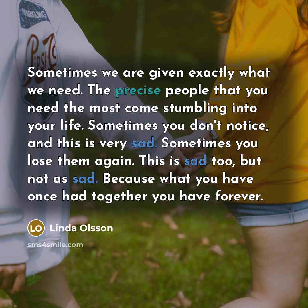 “Sometimes we are given exactly what we need. The precise…” quote by Linda Olsson