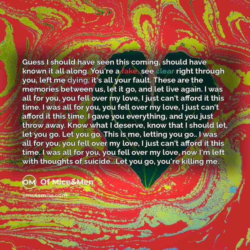 “Guess I should have seen this coming, should have known…” quote by Of Mice&Men