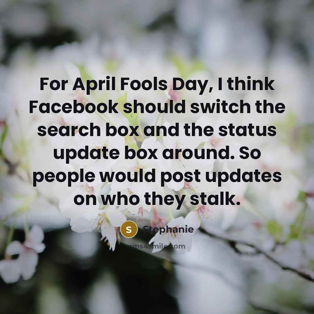 “For April Fools Day, I think Facebook should switch the search box and the status update box around. So people would post updates on who they stalk.” quote by Stephanie