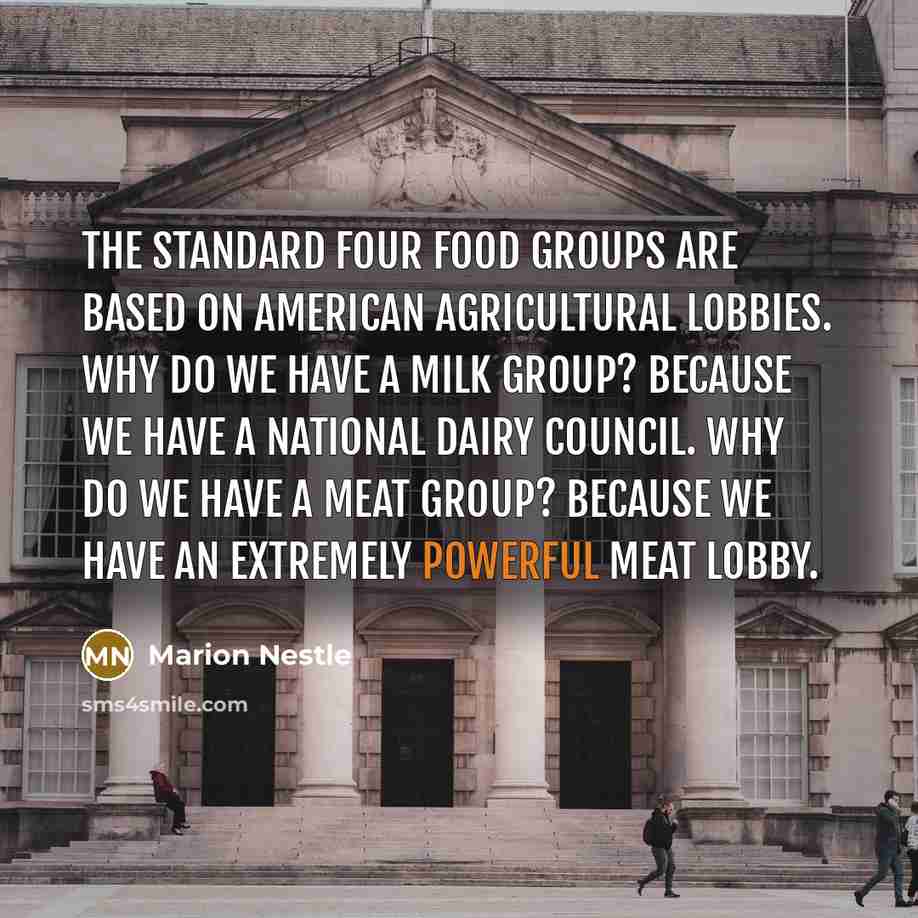 “The standard four food groups are based on American agricultural…” quote by Marion Nestle