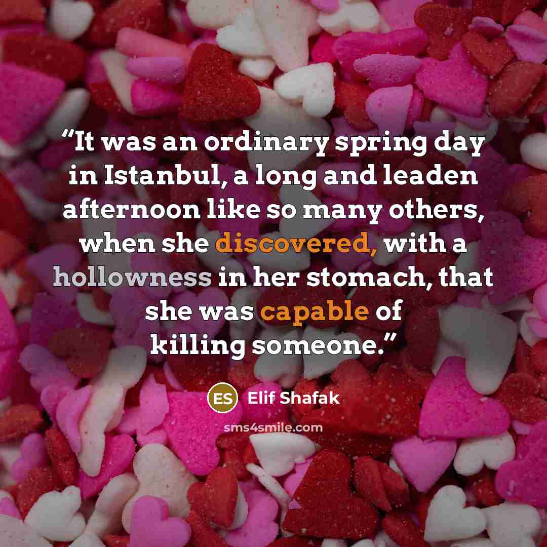 “It was an ordinary spring day in Istanbul, a long and leaden afternoon like so many others, when she discovered, with a hollowness in her stomach, that she was capable of killing someone.” quote by Elif Shafak