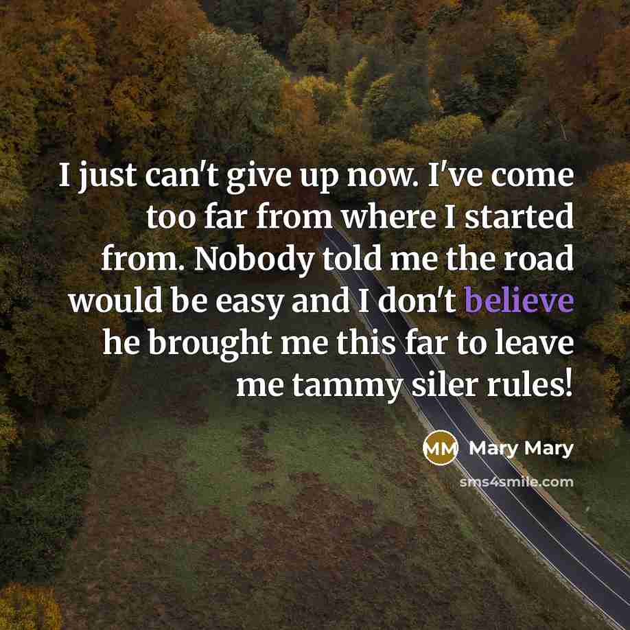 “I just can't give up now. I've come too far from where I started from. Nobody told me the road would be easy and I don't believe he brought me this far to leave me tammy siler rules!” quote by Mary Mary