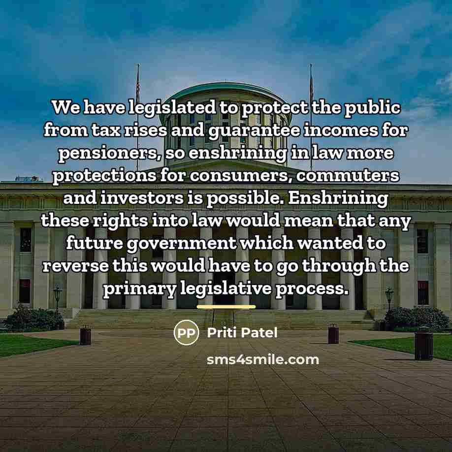 “We have legislated to protect the public from tax rises…” quote by Priti Patel