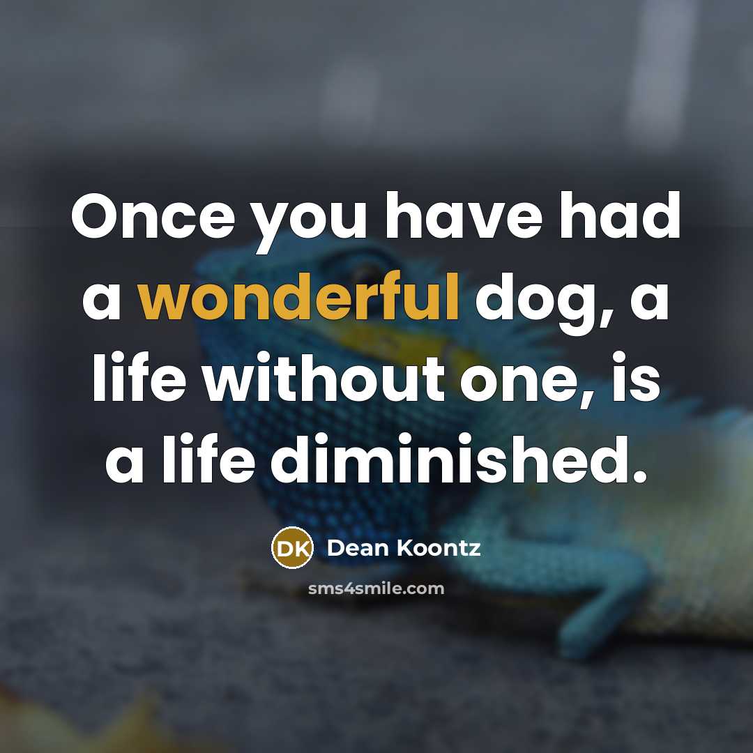 “Once you have had a wonderful dog, a life without one, is a life diminished.” quote by Dean Koontz