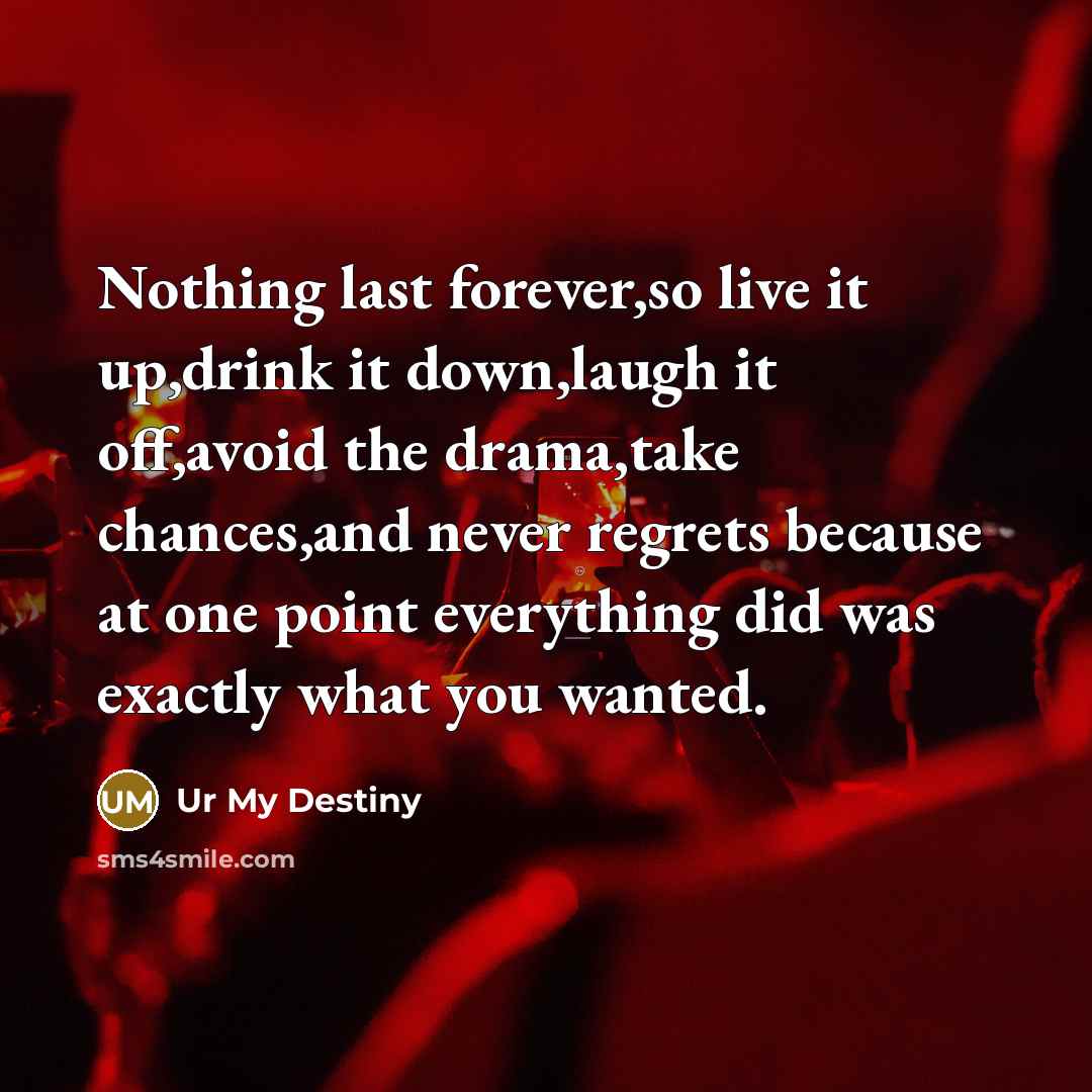 “Nothing last forever,so live it up,drink it down,laugh it off,avoid…” quote by Ur My Destiny