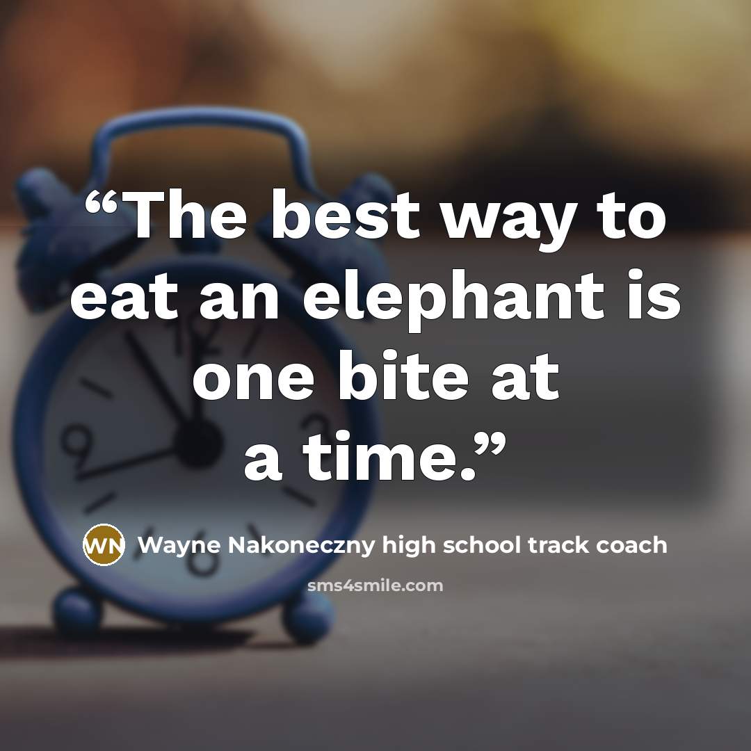“The best way to eat an elephant is one bite at a time.” quote by Wayne Nakoneczny high school track coach