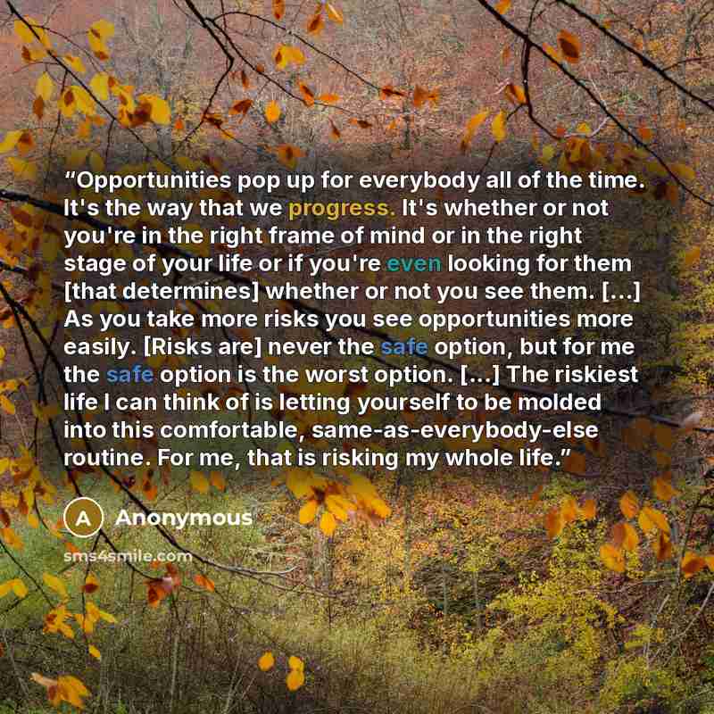 “Opportunities pop up for everybody all of the time. It's the way that we progress. It's whether or not you're in the right frame of mind or in the right stage of your life or if you're even looking for them [that determines] whether or not you see them. [...] As you take more risks you see…” quote by Anonymous