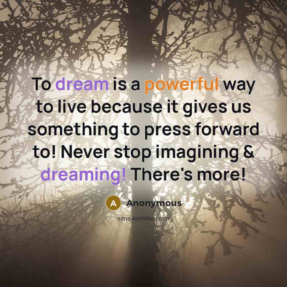 “To dream is a powerful way to live because it gives us something to press forward to! Never stop imagining & dreaming! There's more!” quote by Anonymous