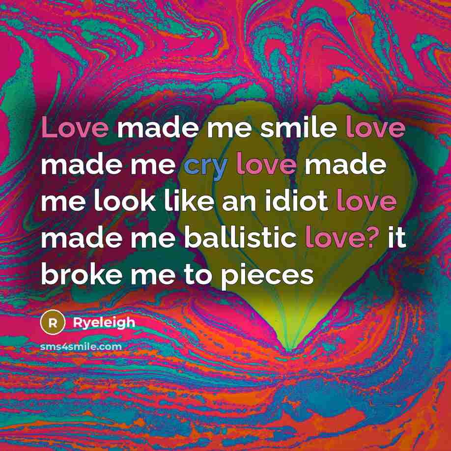 “Love made me smile love made me cry love made me look like an idiot love made me ballistic love? it broke me to pieces” quote by Ryeleigh
