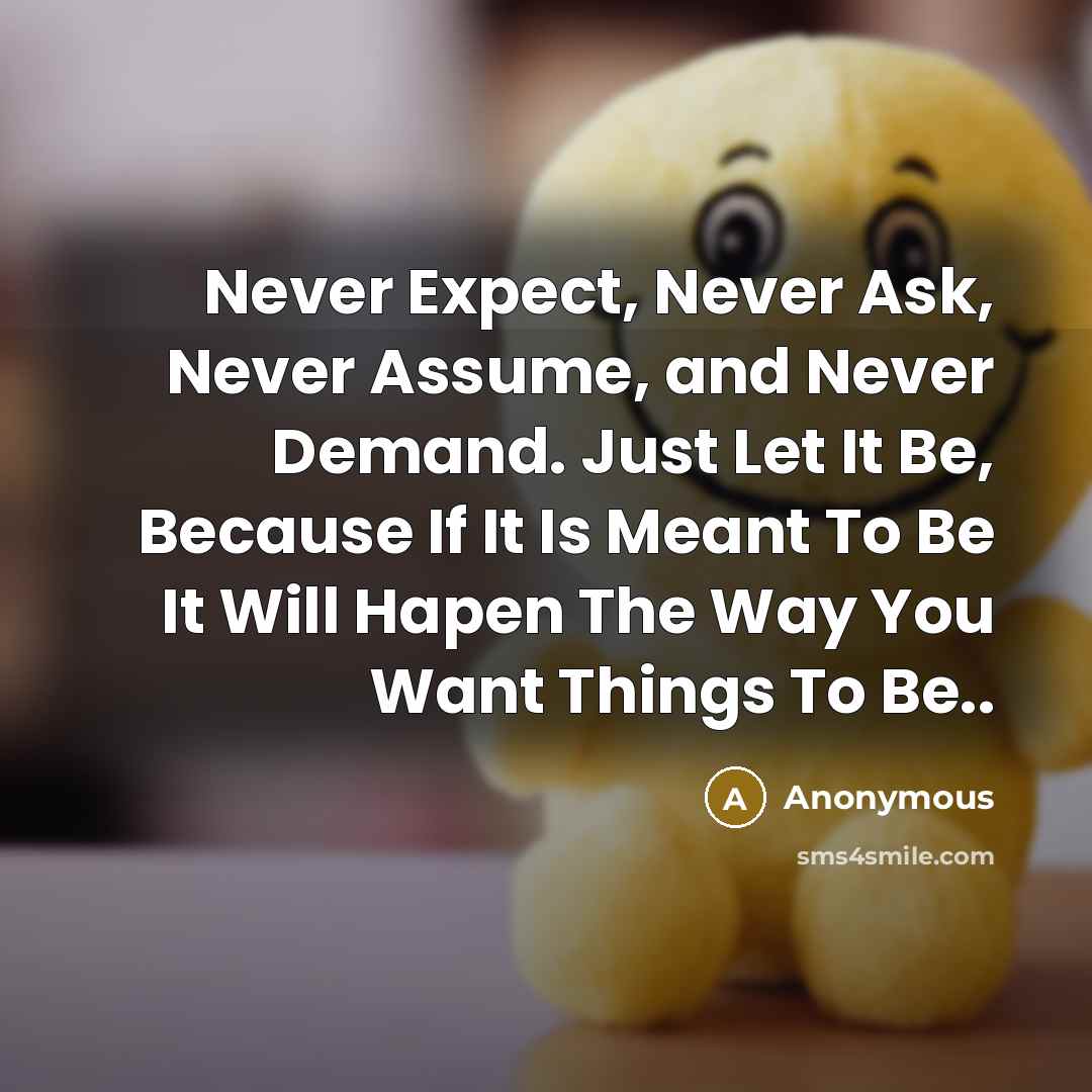 “Never Expect, Never Ask, Never Assume, and Never Demand. Just Let It Be, Because If It Is Meant To Be It Will Hapen The Way You Want Things To Be..” quote by Anonymous