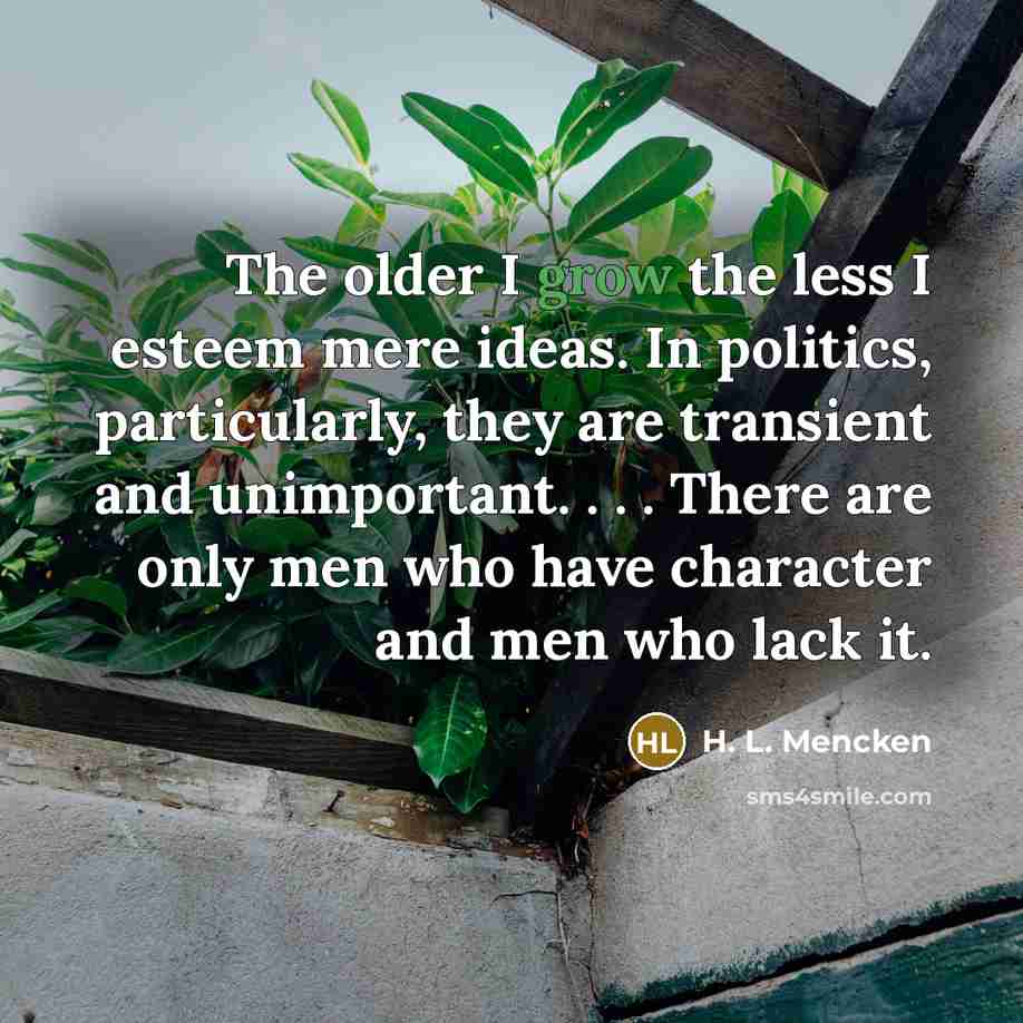 “The older I grow the less I esteem mere ideas.…” quote by H. L. Mencken