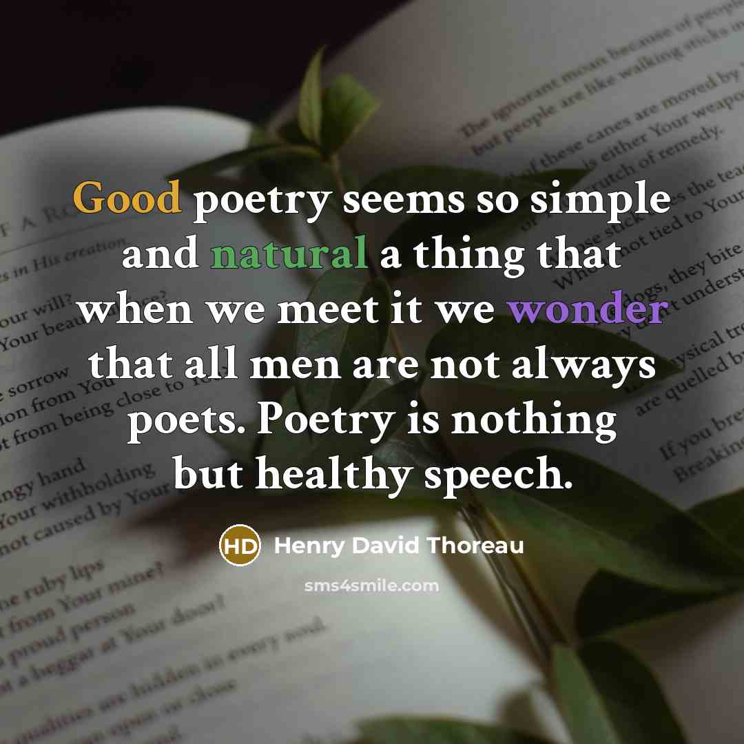 “Good poetry seems so simple and natural a thing that when we meet it we wonder that all men are not always poets. Poetry is nothing but healthy speech.” quote by Henry David Thoreau