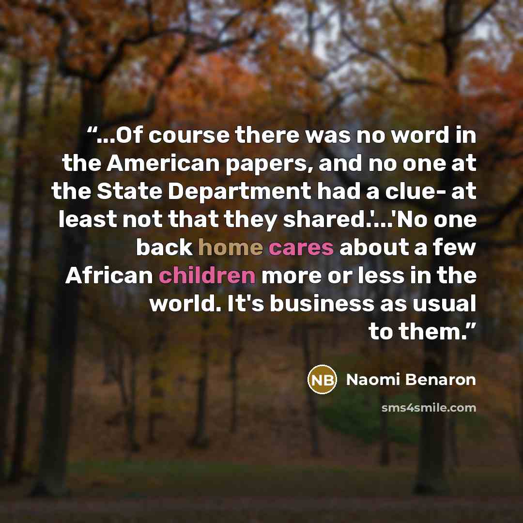 “...Of course there was no word in the American papers, and no one at the State Department had a clue- at least not that they shared.'...'No one back home cares about a few African children more or less in the world. It's business as usual to them.” quote by Naomi Benaron