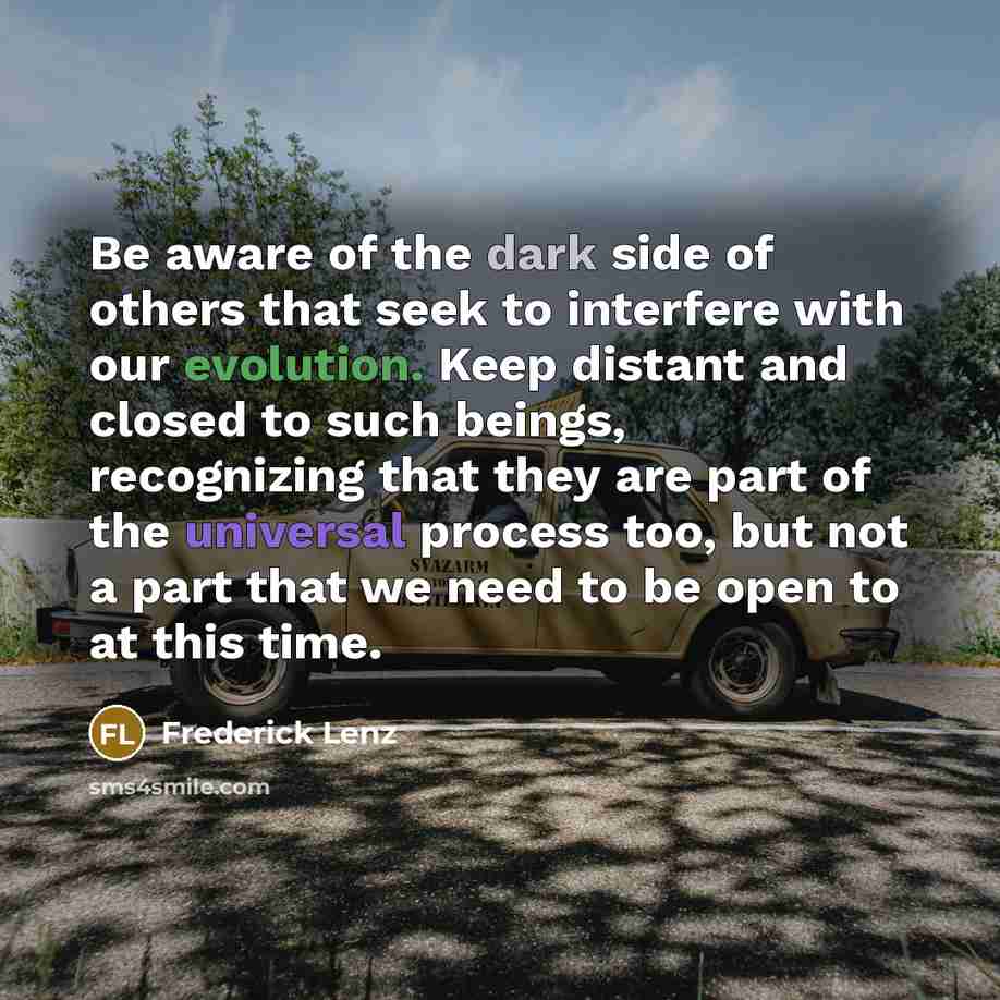 “Be aware of the dark side of others that seek to interfere with our evolution. Keep distant and closed to such beings, recognizing that they are part of the universal process too, but not a part that we need to be open to at this time.” quote by Frederick Lenz