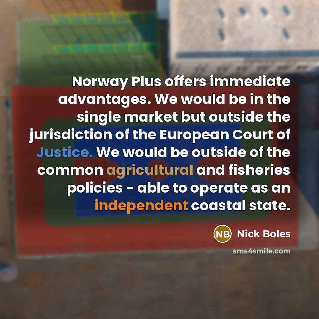 “Norway Plus offers immediate advantages. We would be in the single market but outside the jurisdiction of the European Court of Justice. We would be outside of the common agricultural and fisheries policies - able to operate as an independent coastal state.” quote by Nick Boles