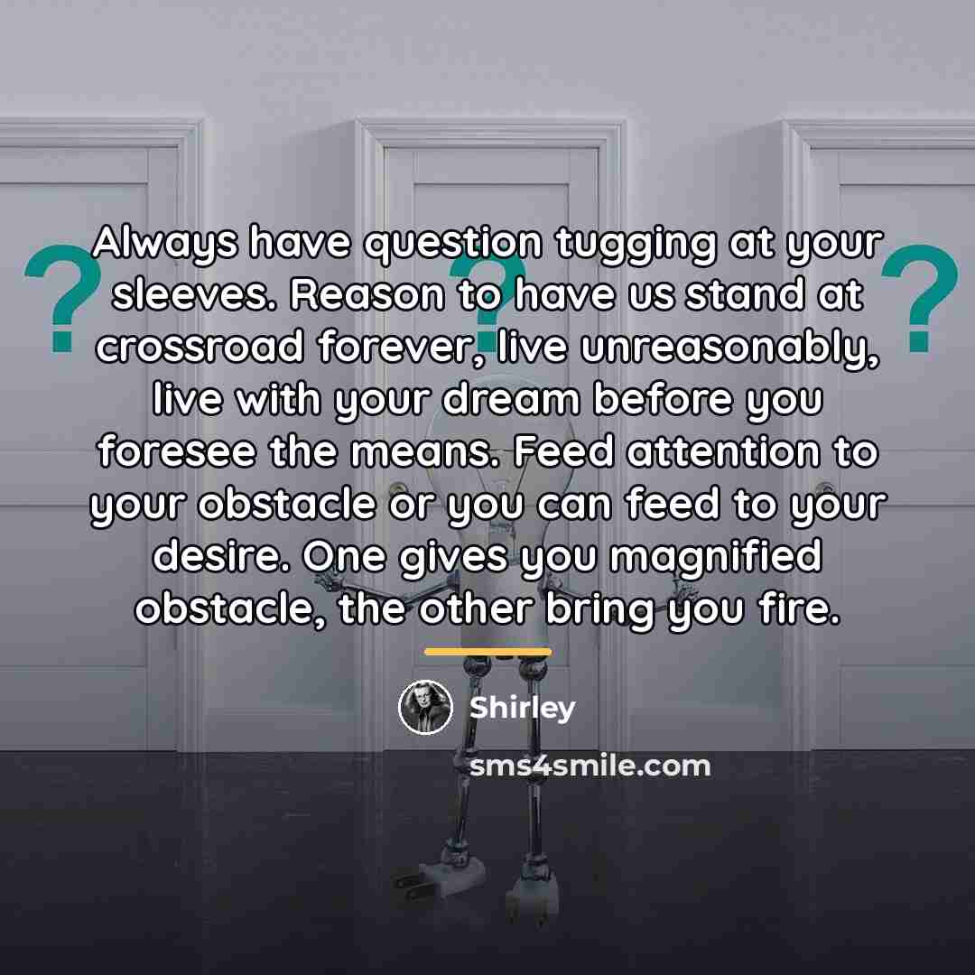 “Always have question tugging at your sleeves. Reason to have…” quote by Shirley