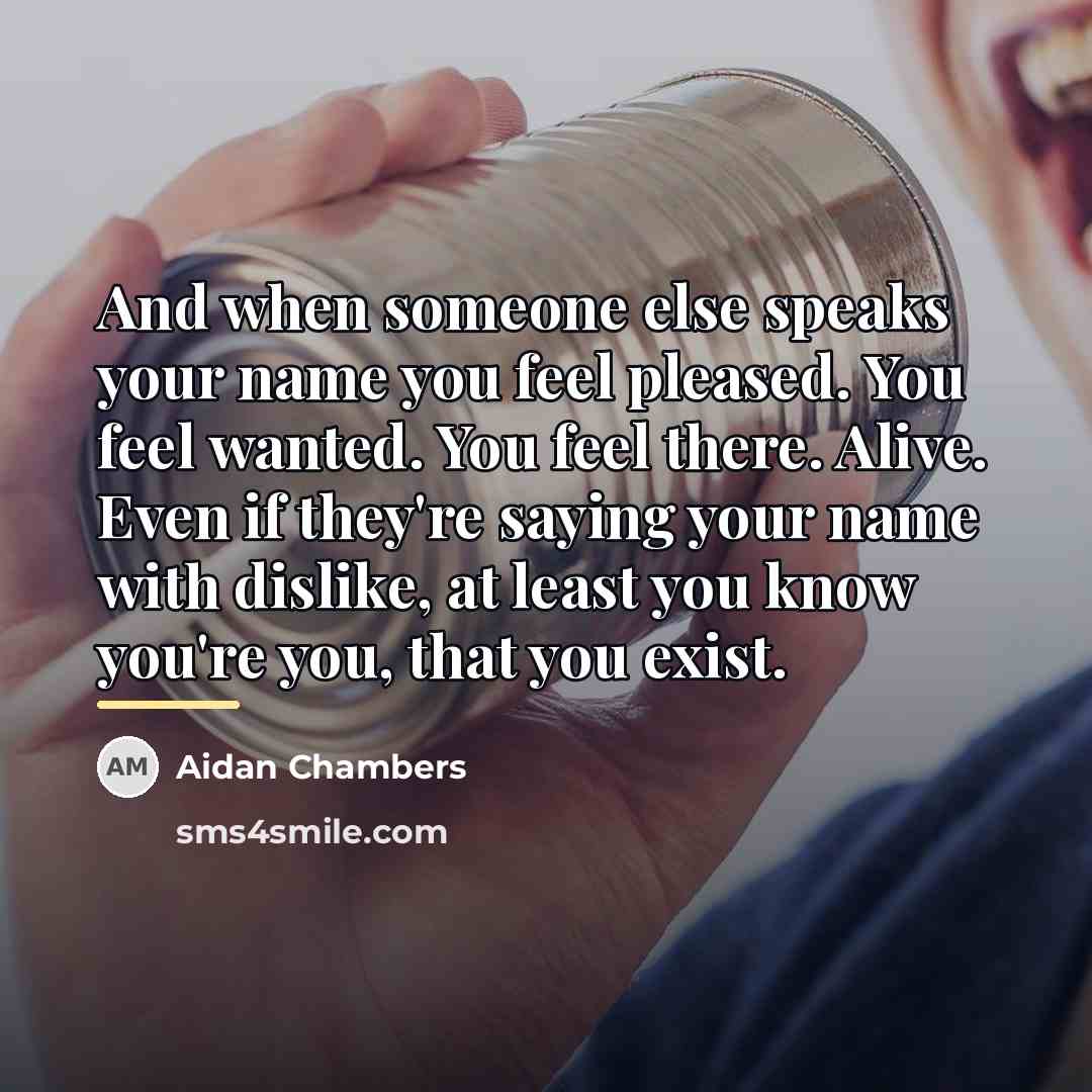 “And when someone else speaks your name you feel pleased.…” quote by Aidan Chambers