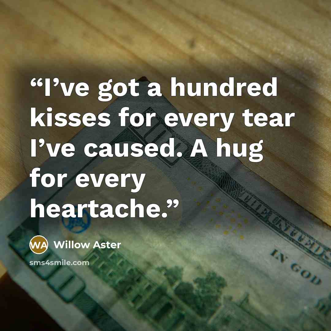 “I’ve got a hundred kisses for every tear I’ve caused. A hug for every heartache.” quote by Willow Aster