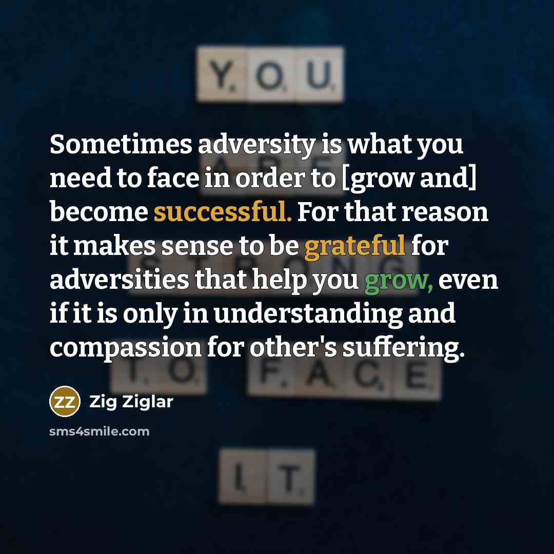 “Sometimes adversity is what you need to face in order to [grow and] become successful. For that reason it makes sense to be grateful for adversities that help you grow, even if it is only in understanding and compassion for other's suffering.” quote by Zig Ziglar