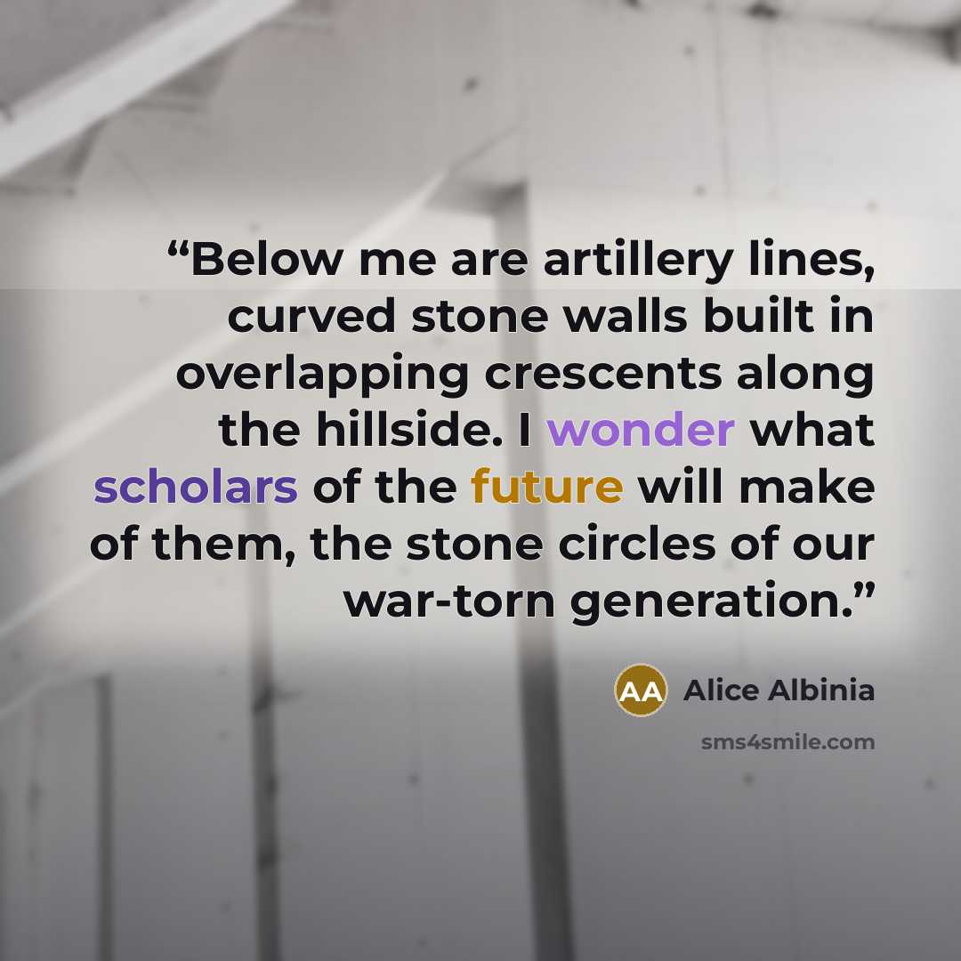 “Below me are artillery lines, curved stone walls built in overlapping crescents along the hillside. I wonder what scholars of the future will make of them, the stone circles of our war-torn generation.” quote by Alice Albinia