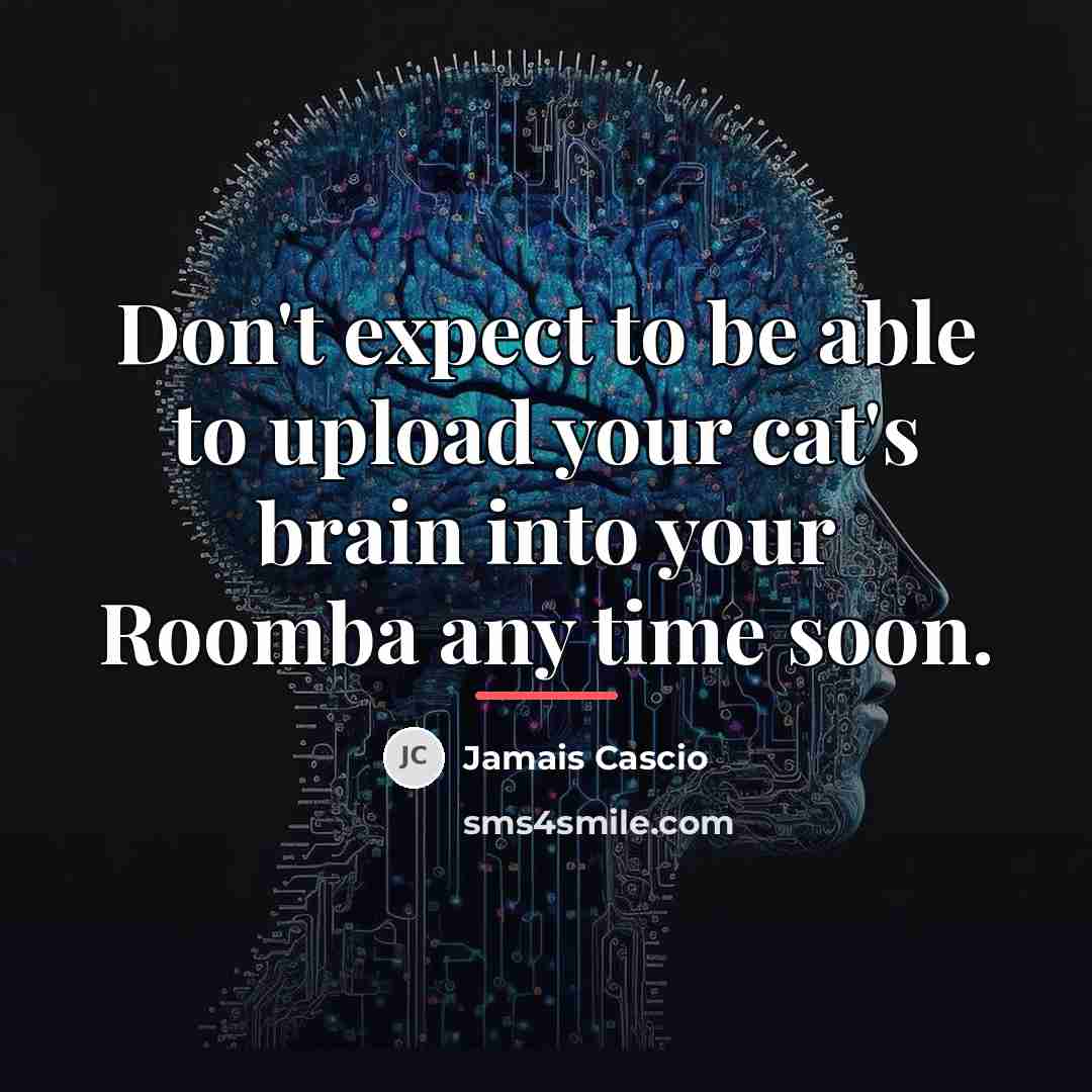 “Don't expect to be able to upload your cat's brain…” quote by Jamais Cascio