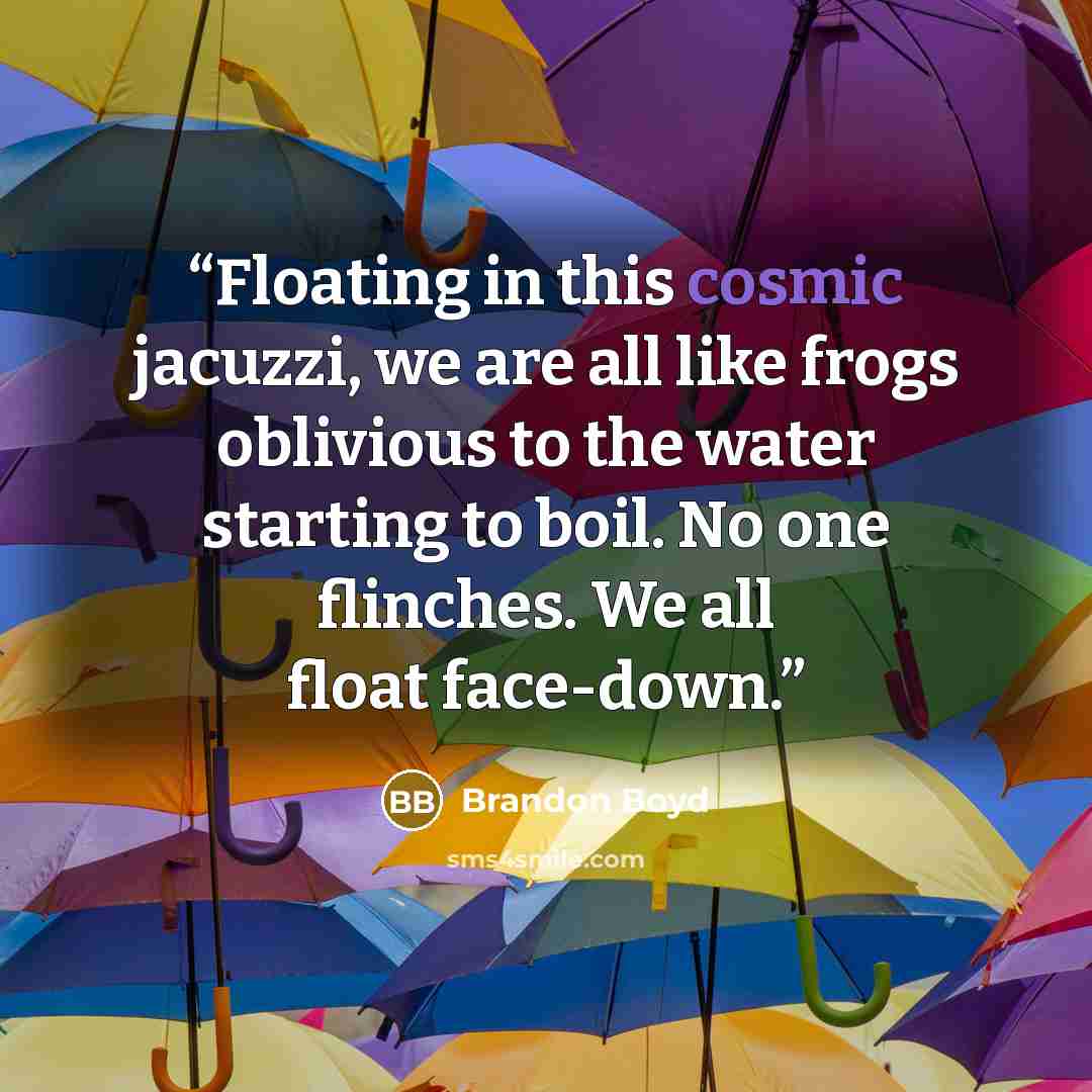 “Floating in this cosmic jacuzzi, we are all like frogs oblivious to the water starting to boil. No one flinches. We all float face-down.” quote by Brandon Boyd