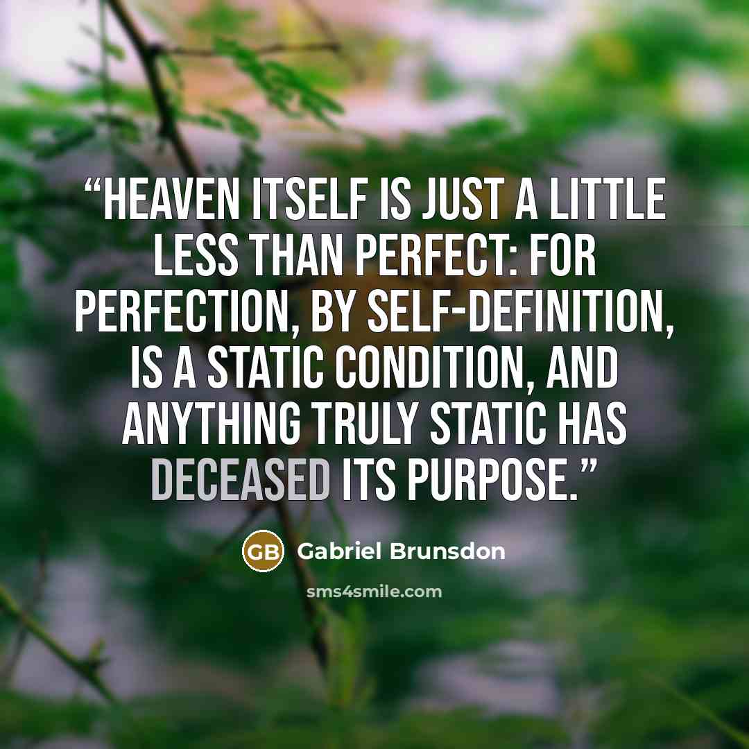 “Heaven itself is just a little less than perfect: for perfection, by self-definition, is a static condition, and anything truly static has deceased its purpose.” quote by Gabriel Brunsdon