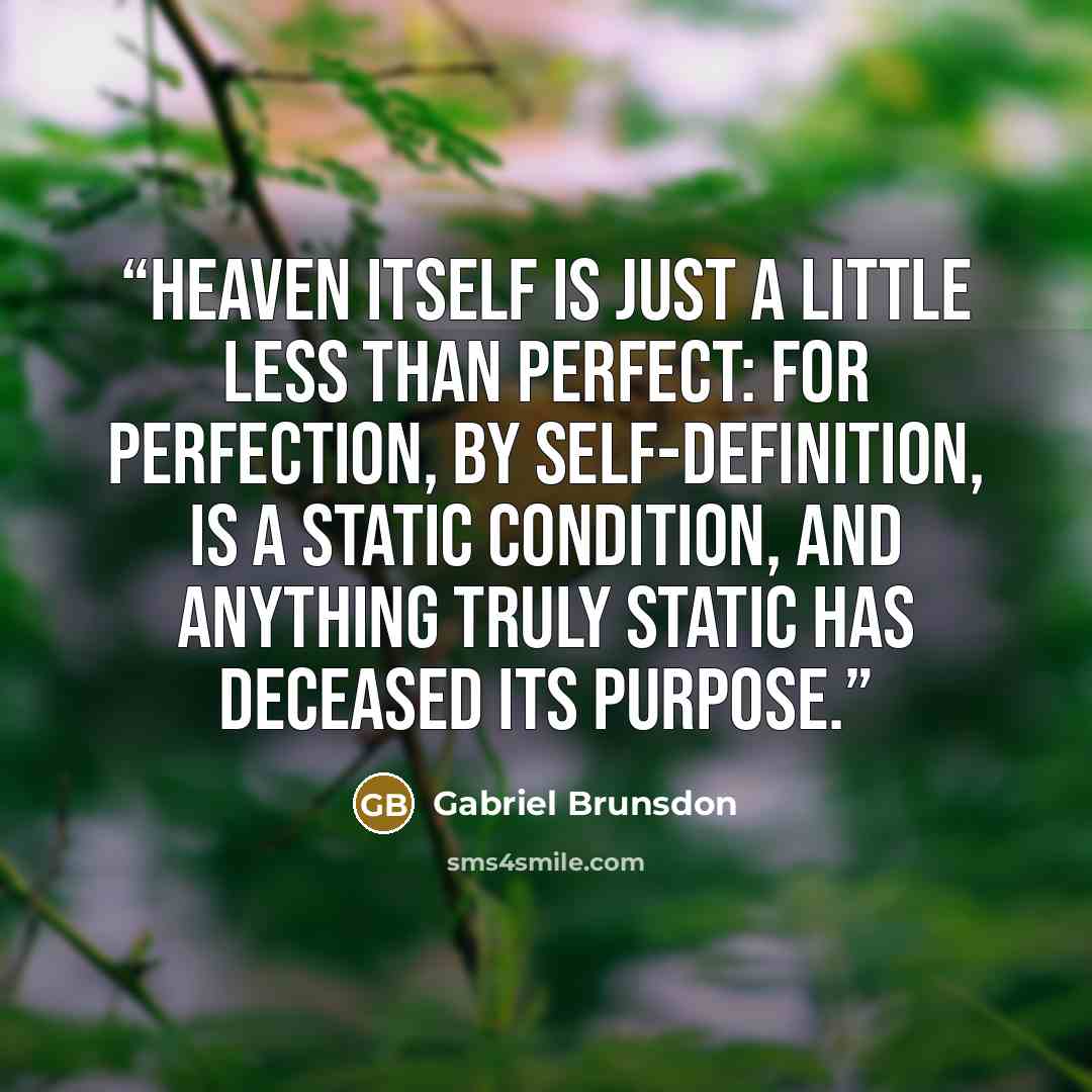 “Heaven itself is just a little less than perfect: for perfection, by self-definition, is a static condition, and anything truly static has deceased its purpose.” quote by Gabriel Brunsdon