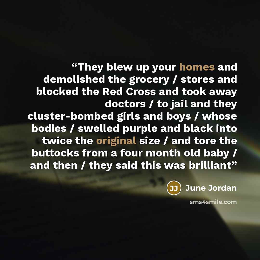 “They blew up your homes and demolished the grocery / stores and blocked the Red Cross and took away doctors / to jail and they cluster-bombed girls and boys / whose bodies / swelled purple and black into twice the original size / and tore the buttocks from a four month old baby / and then / they…” quote by June Jordan