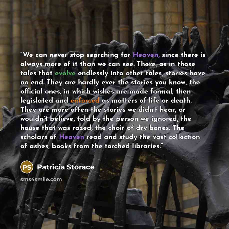 “We can never stop searching for Heaven, since there is always more of it than we can see. There, as in those tales that evolve endlessly into other tales, stories have no end. They are hardly ever the stories you know, the official ones, in which wishes are made formal, then legislated and…” quote by Patricia Storace
